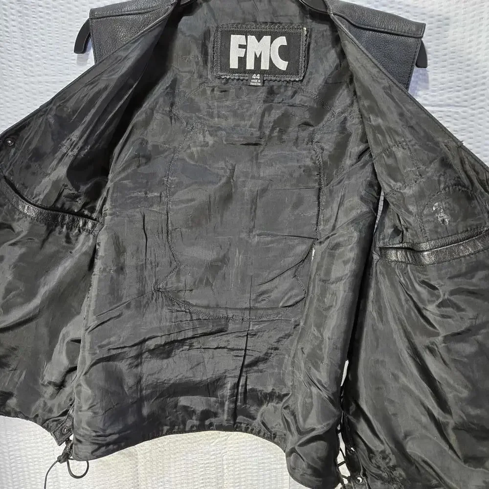 FMC Vintage Black Leather Biker Vest Lace-up Sides 4 Pockets Men's Size 44 Y2K - Picture 6 of 9